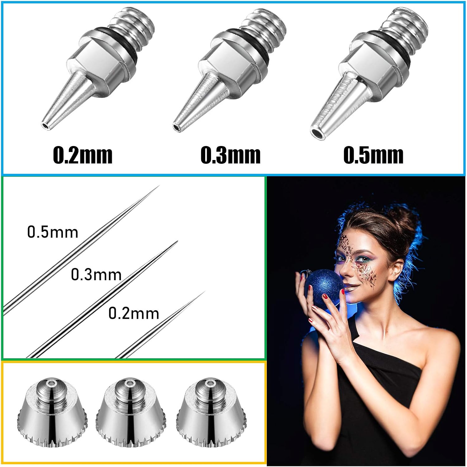 10 Pieces Airbrush Nozzle Needle Nozzle Cap Kit with Wrench Airbrush Replacement Parts for Spray Gun Sprayer Accessories, 0.2 mm, 0.3 mm, 0.5 mm