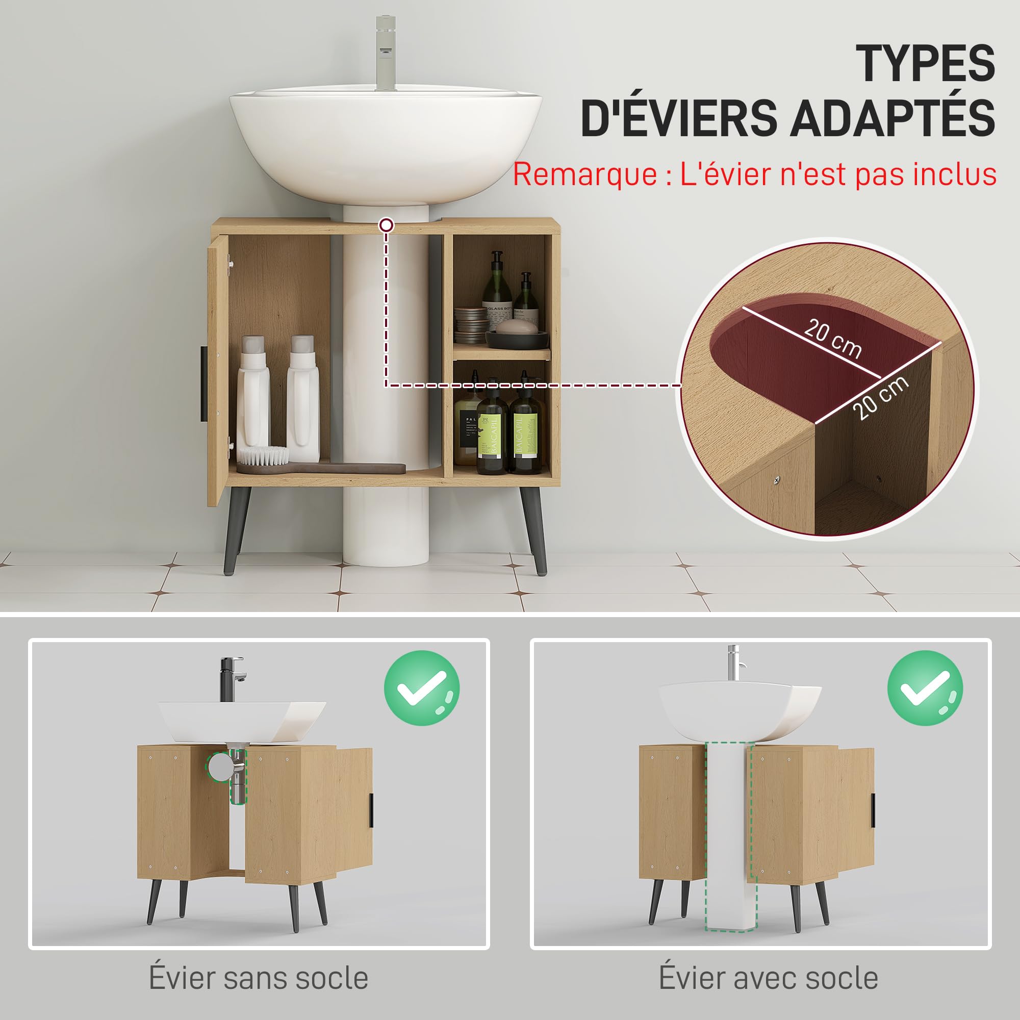 HOMCOM Meuble sous lavabo Salle de Bain, Meuble sous Vasque Industriel avec Porte à Fermeture Progressive et étagère réglable, 60 x 30 x 59,5 cm, chêne