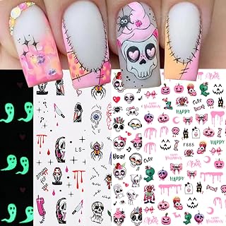 10 Sheets Halloween Glow In The Dark Nail Art Stickers Decals Self-Adhesive Horror Scream Skull Pumpkins Ghost Lumious Nail Supplies Nail Art Design Decoration Accessories
