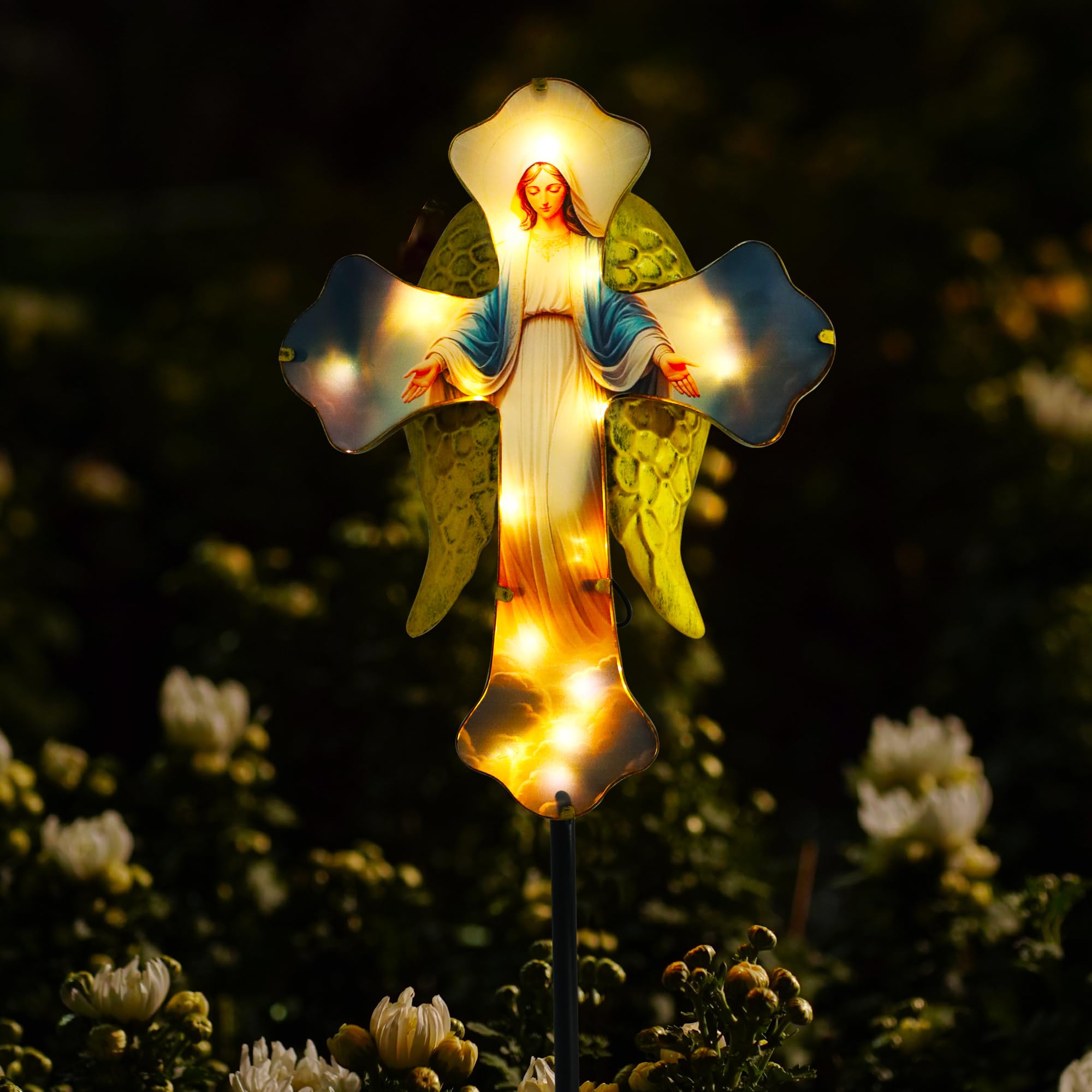 Solar Virgin Mary Cross Garden Lamp for Grave - Angel Wing