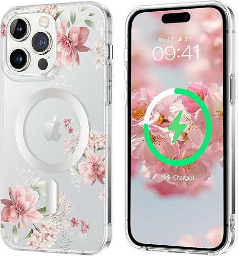 Miniatura 1 de YINLAI Funda para iPhone 14 Pro Max de 6.7 pulgadas, magnética compatible con MagSafe transparente, transparente, patrón floral de flores rosas para