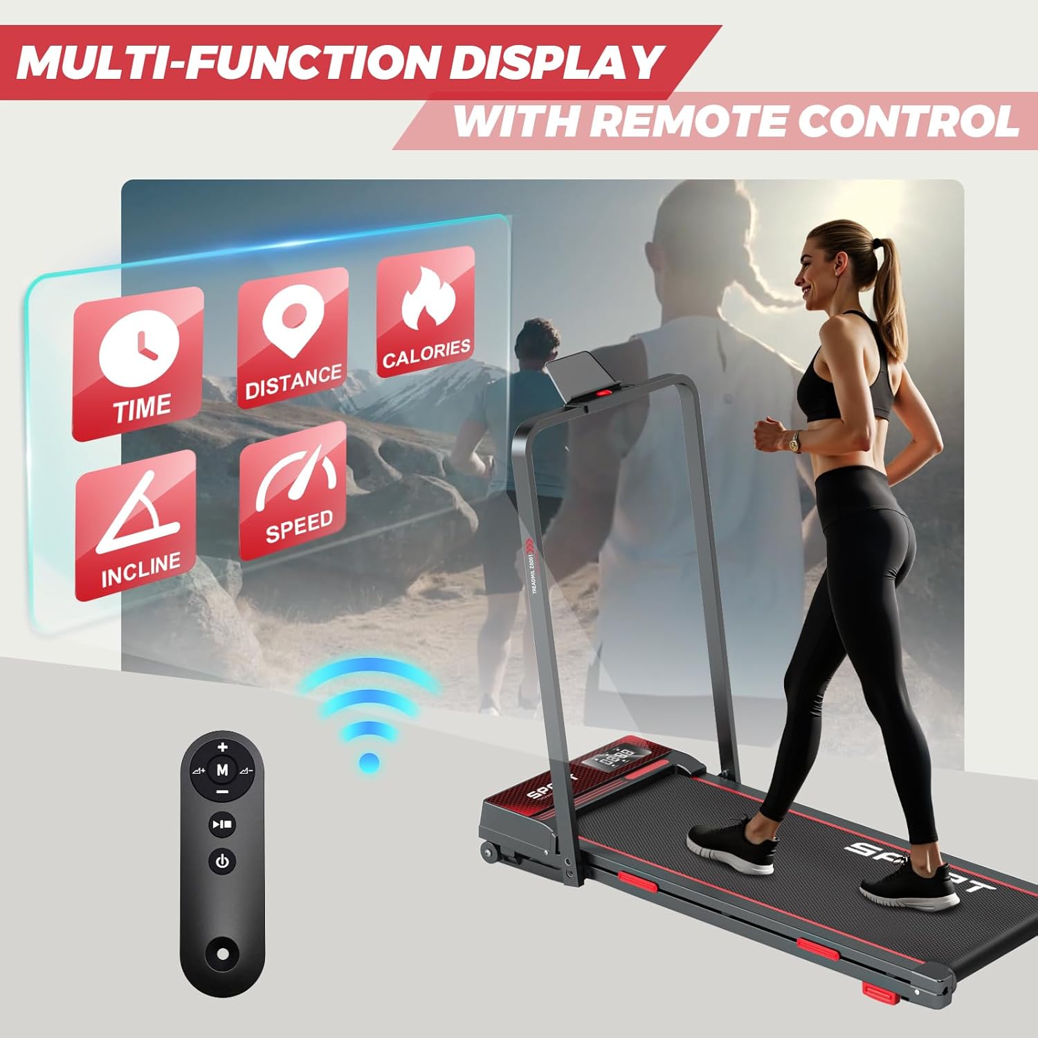 Close-up of the treadmill's LED display showing digital readouts for time, distance, calories, incline, and speed.