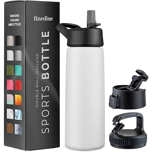 FineDine Triple Walled, Insulated Water Bottles with Straw - 25 Oz Stainless Steel Metal Bottle W/ 3 Leak Proof Lids - For Travel, School, Sports, Gym/Men, Women & Kids - Pure Pearly White