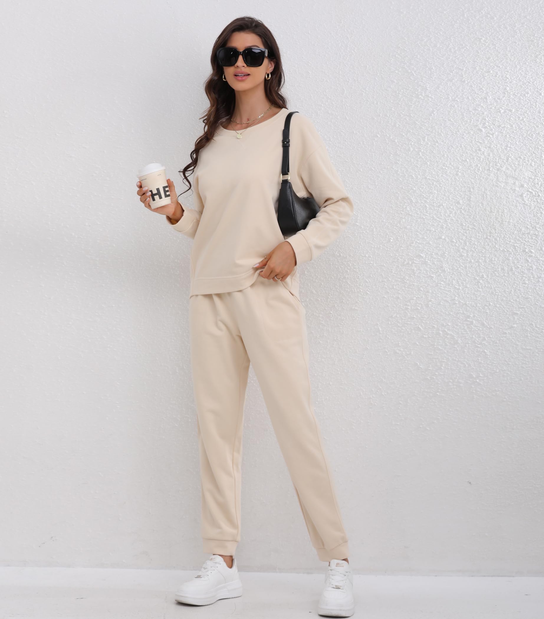 DAVID ARCHY Conjunto de pijama de algodón para mujer, suave, cómodo, cuello redondo, manga larga, sudadera y pantalones deportivos