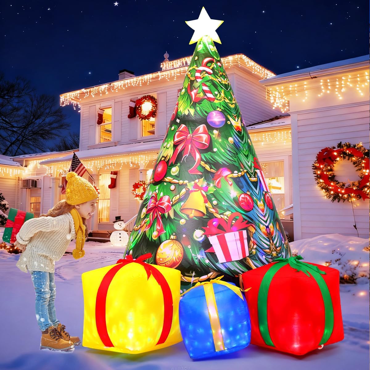 GOOSH 7.8 FT Christmas Inflatables Tree Outdoor Decorations Blow Up Christmas Tree Gift Box Yard with Colorful Light for Holiday Party Indoor Garden Lawn Decor (Pink)