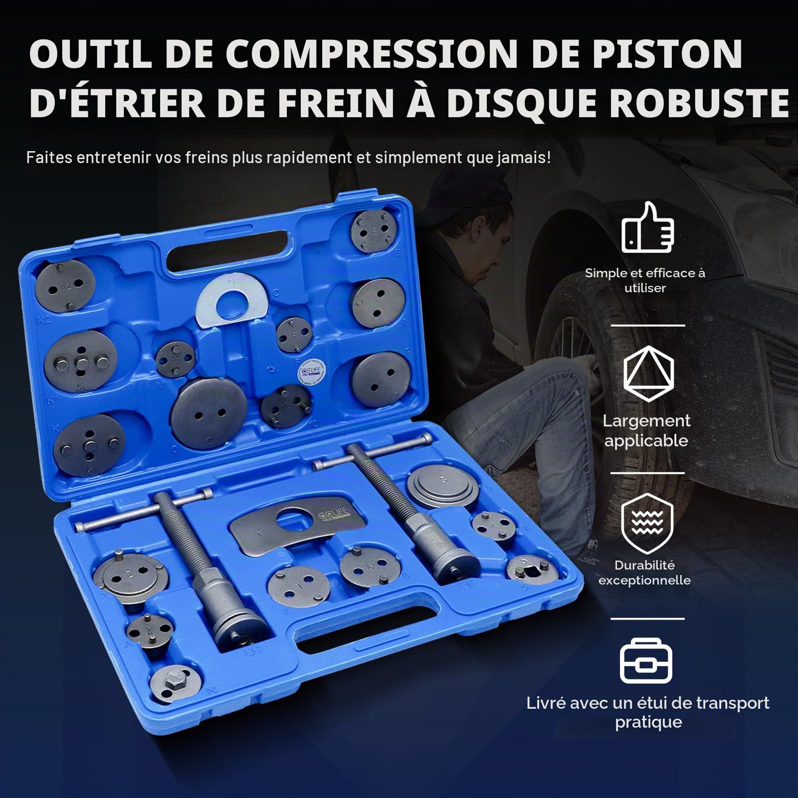 CCLIFE Repousse Piston Frein arriere 22 pièces pour remplacement de disque Outil et adaptateurs