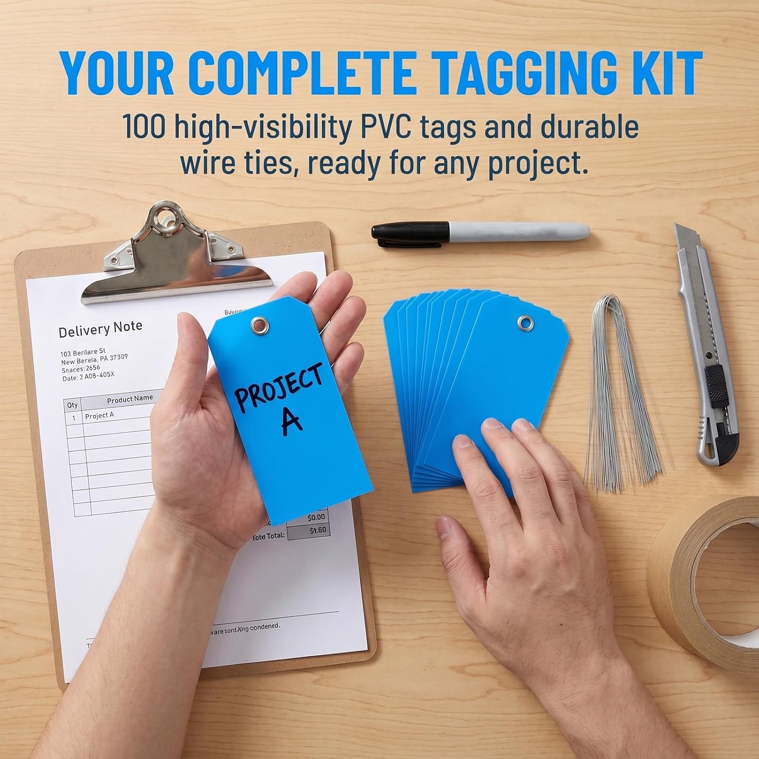 100pcs Blank Shipping Tags: 4.7 X 2.3 Inches Label Hang Tags with Reinforced Hole and Metal Wire - Writable Label for Product Jewelry Clothing Blue