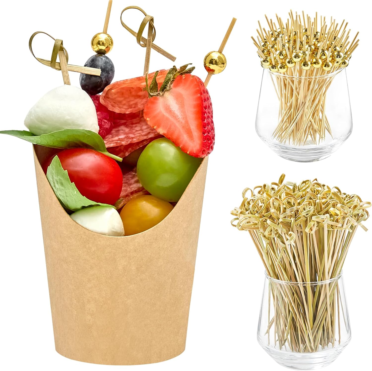 ZORRITA 100 Sets 8 oz Small Charcuterie Cups with Sticks, Disposable Kraft Paper Charcuterie Boxes French Fry Holder Individual Appetizer Serving Cup (100 Cups + 400 Cocktail Picks)