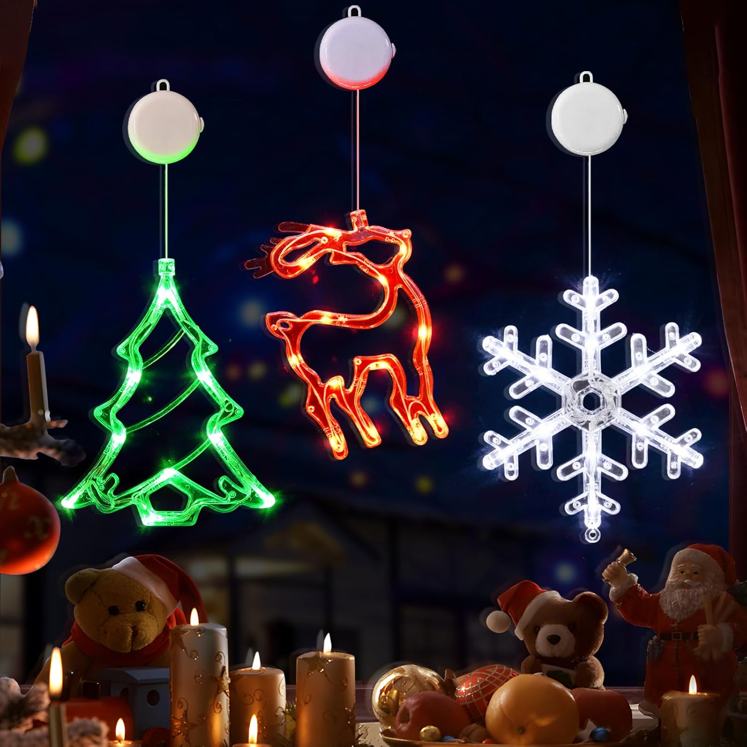 LOLStar Christmas Decorations, 3 Pack Reindeer, Christmas Tree, and Snowflake Christmas Window Lights with Suction Cup, Timer Function & Slow Fade Mode Battery Operated Indoor Lights for Christmas