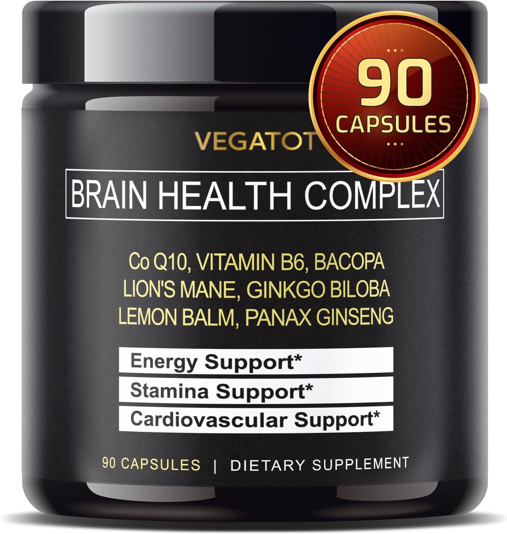 VEGATOT Brain Booster Brain Health Complex Supplement Concentrated with CoQ-10 VIT B6 Lion's Mane Ginkgo Biloba Lemon Balm Ginseng - Focus Memory Energy
