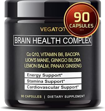 VEGATOT Brain Booster Brain Health Complex Supplement Concentrated with CoQ-10 VIT B6 Lions Mane Ginkgo Biloba Lemon Balm Ginseng - Focus Memory Energy
