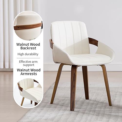 Miniatura 4 de Juego de 2 sillas de comedor modernas de mediados de siglo con brazos y respaldo medio, sillas de cocina tapizadas de madera curvada de cuero