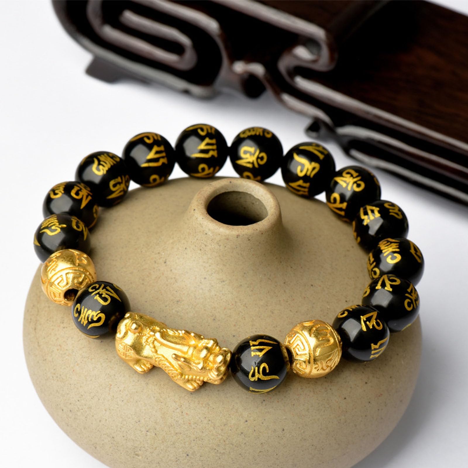 FengShui und Glück Feng Shui schwarzer Obsidian Reichtum Armband Wohlstand Buddha Perlen elastische Armbänder für Frauen Männer Schmuck