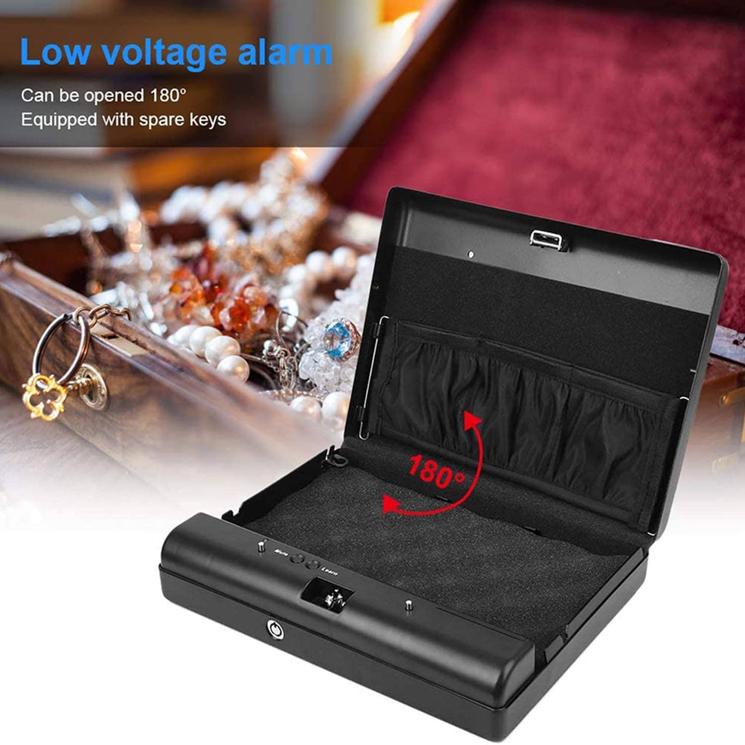 Caja de seguridad portátil, Caja fuerte con cerradura de combinación, con cable de seguridad, de acero, Estuche de almacenamiento seguro para pistola, Objetos de valor, Dinero - con dos llaves…