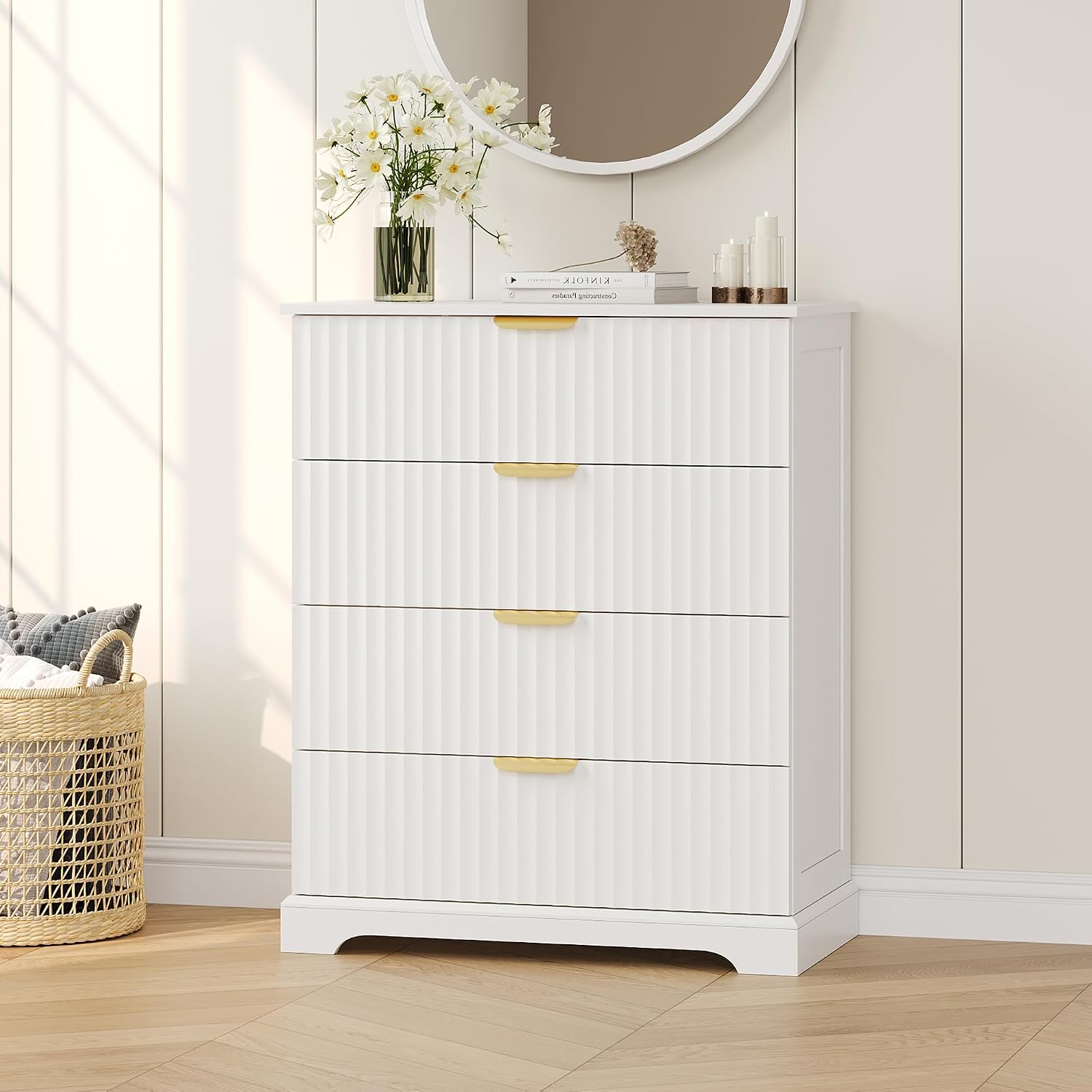 Wooden 4 Drawer Dresser for Bedroom, 36.6 in Tall Fluted Dresser with Metal Handles, Modern Chest of Drawers for Bedroom, Living Room, Entryway, White