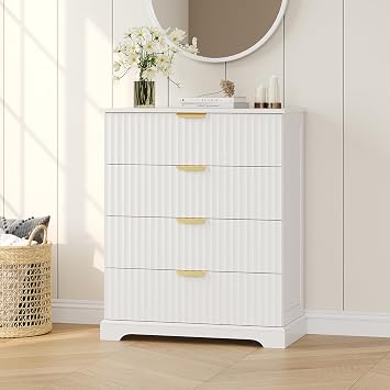 Wooden 4 Drawer Dresser for Bedroom, 36.6 in Tall Fluted Dresser with Metal Handles, Modern Chest of Drawers for Bedroom, Living Room, Entryway, White