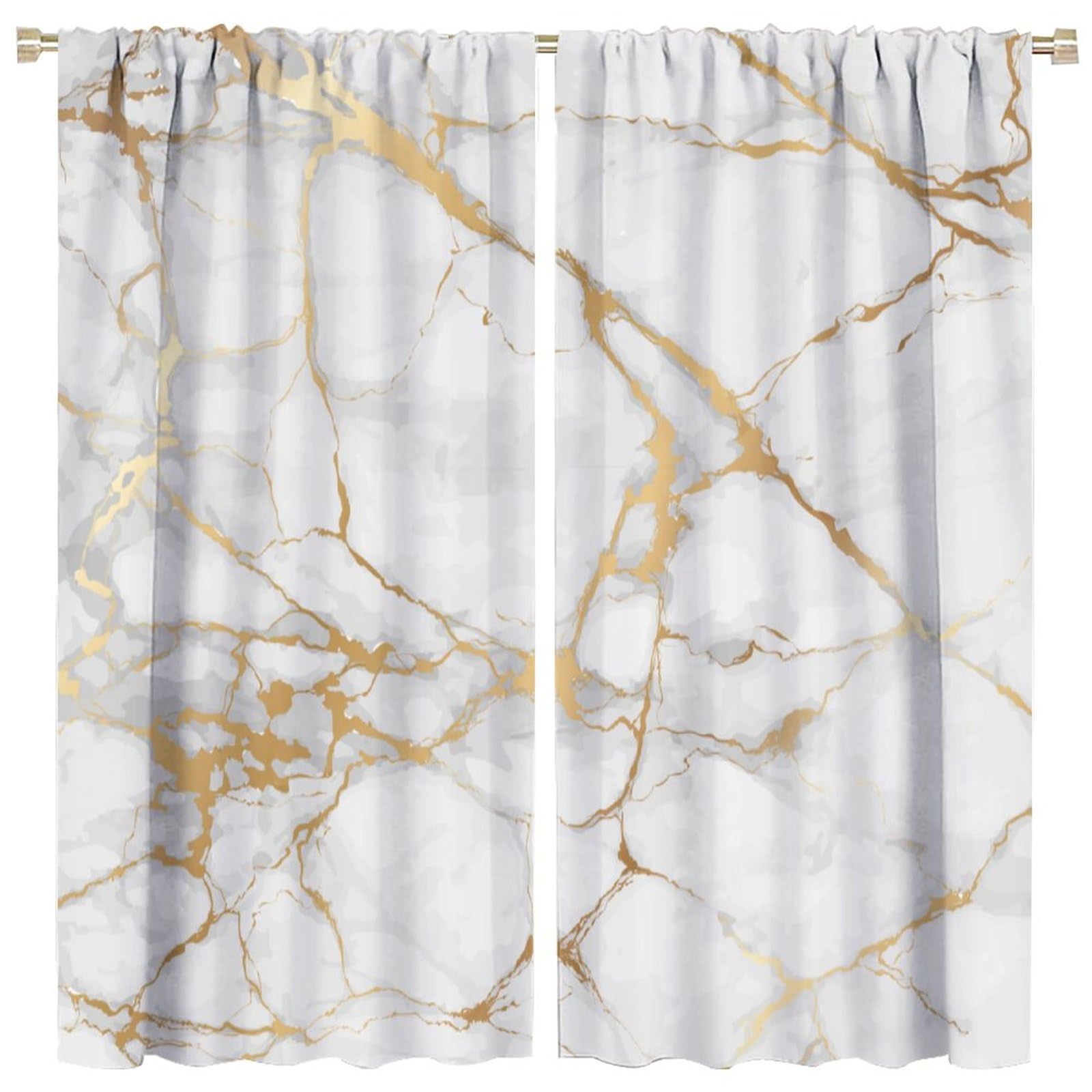 HZOHNAGO White Marble Curtain Gold Textures Blackout Print Rod Pocket Window Drapes for Bedroom Living Room 84x84in