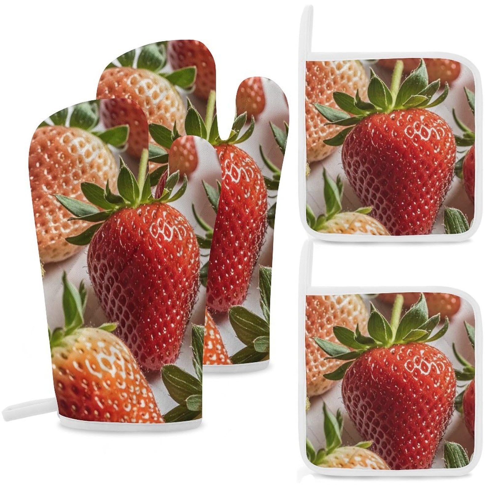 Gants de cuisine fraises et maniques : lot de 4 accessoires anti-chaleur