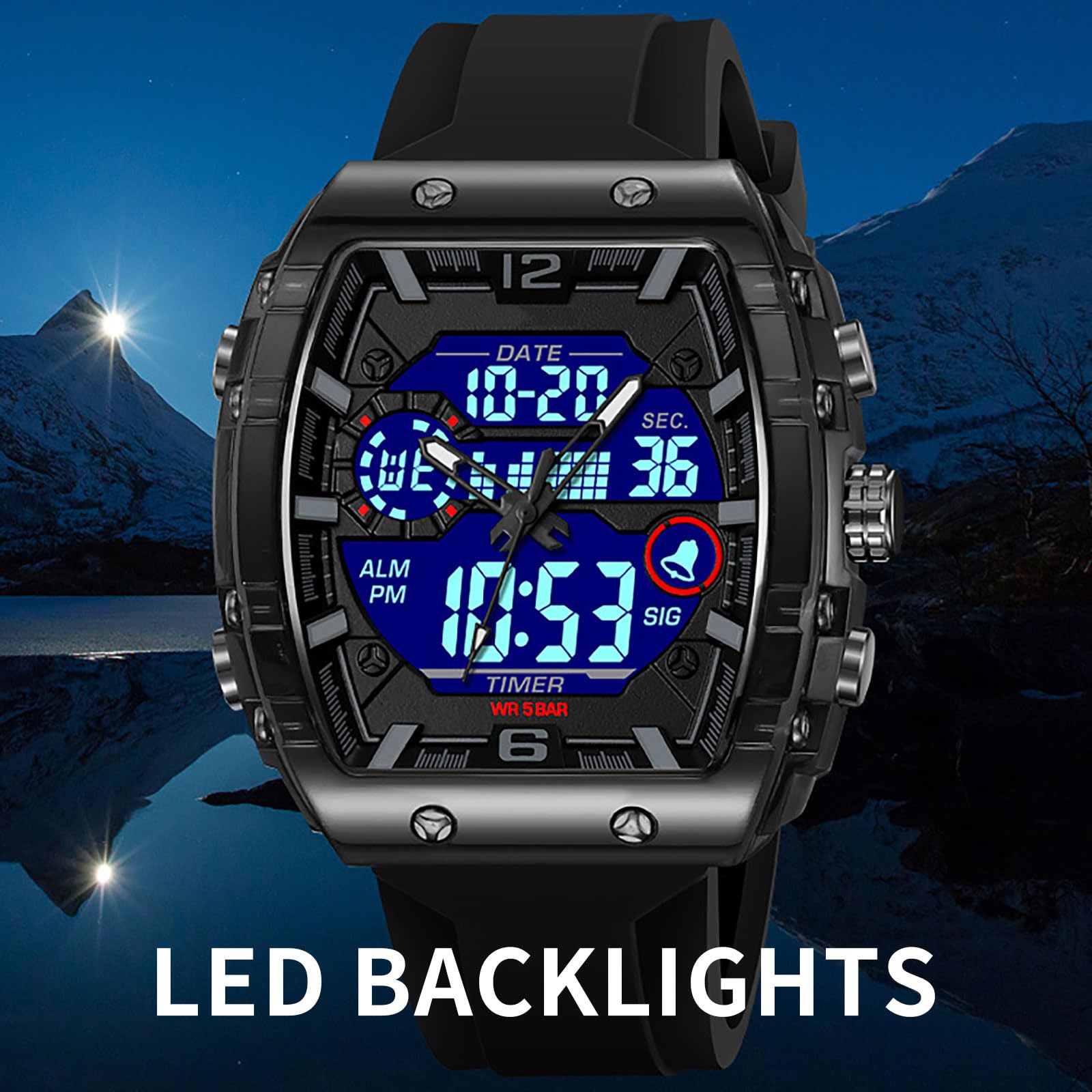 findtime Herren-Armbanduhr, Sport, einzigartig, digital, analog, wasserdicht, für Männer und Frauen, Stoppuhr, Alarm, coole Chronograph-Uhr, Silikonband, Armbanduhr, transparent, großes rechteckiges