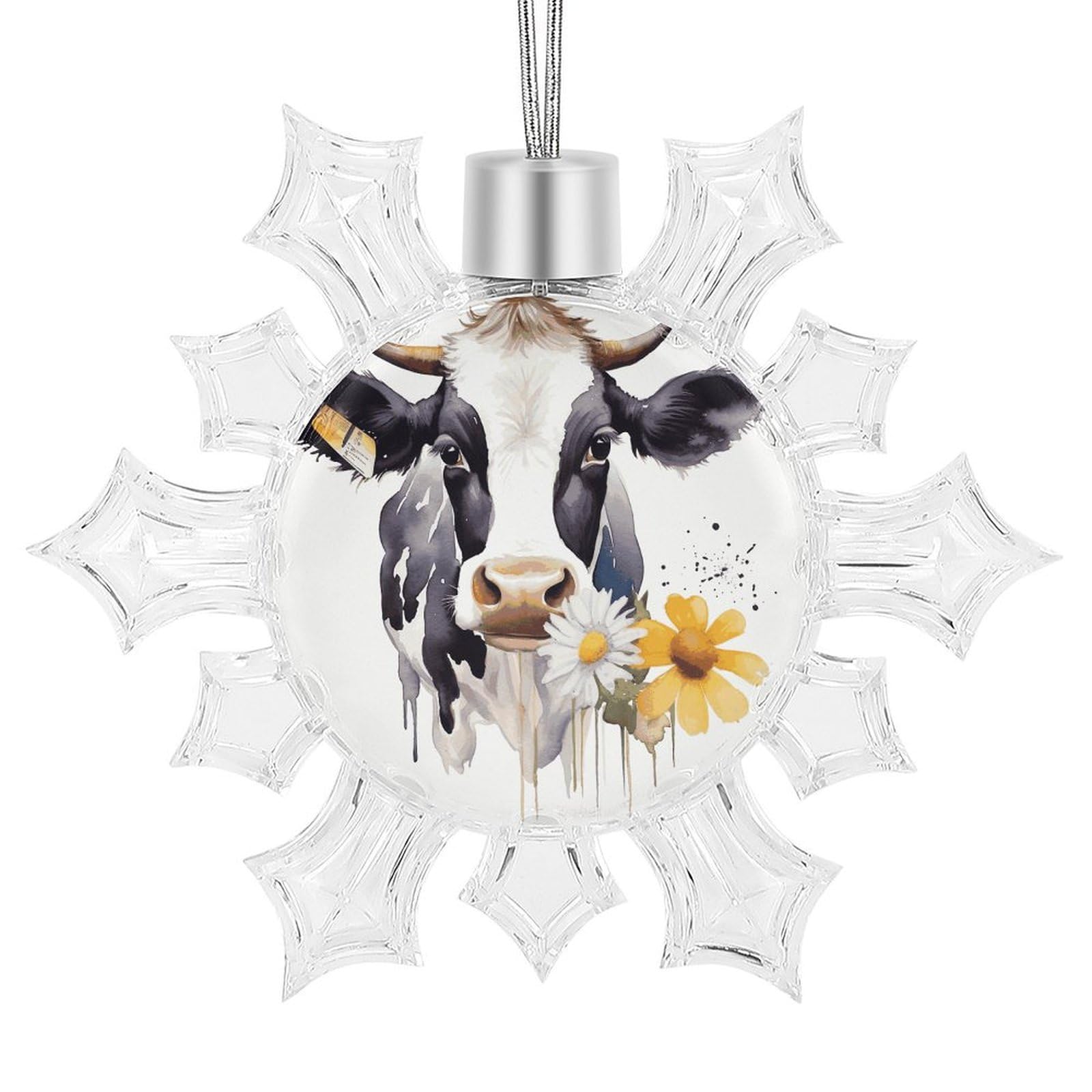 Watercolor Cow and Daisy Flower Snowflake Decorations,Christmas Decorations，Christmas Indoor Winter Wonderland Decor，Hanging Ornaments for Xmas Tree Winter New Year Party Supplies