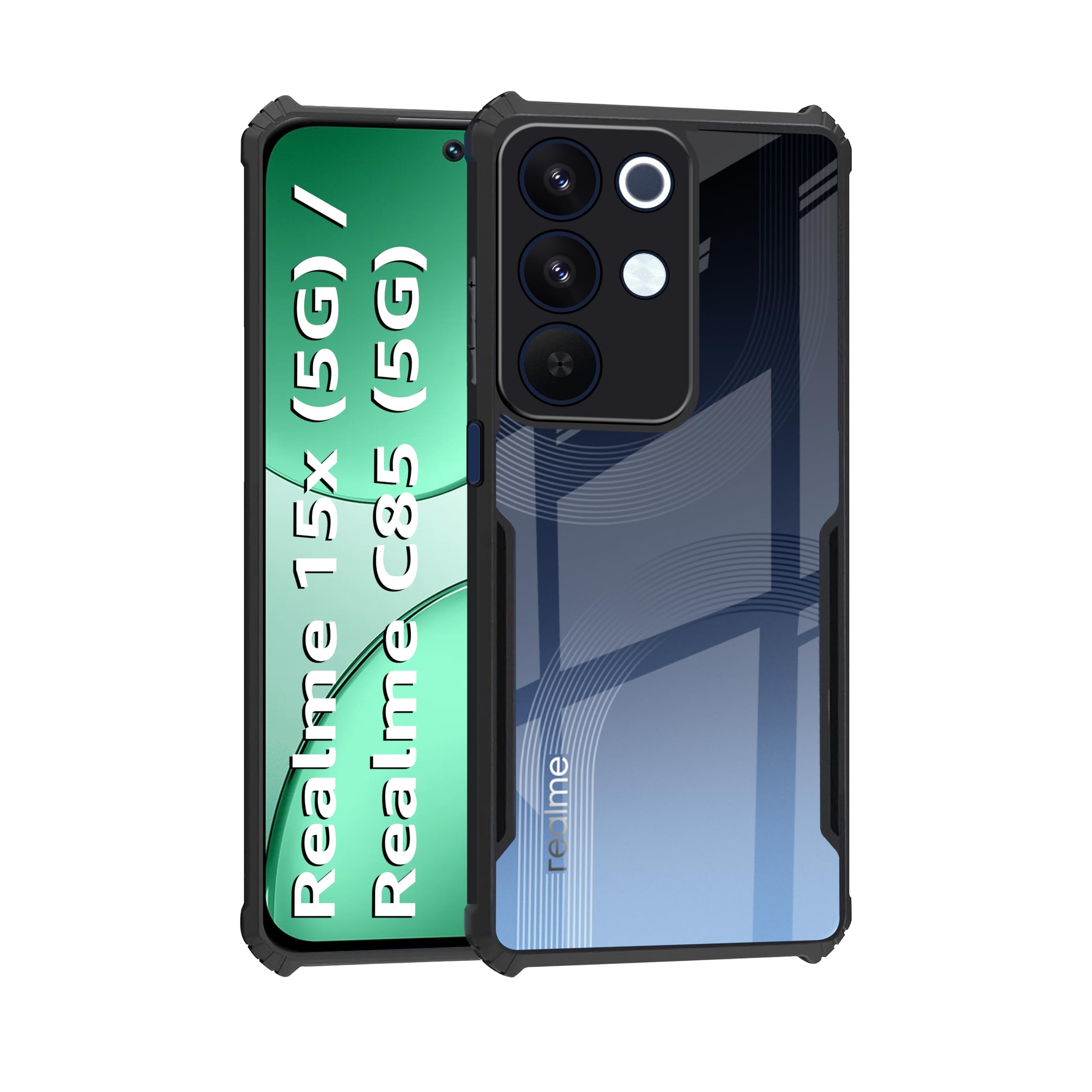 CEDO Backcover for Realme 15x/ Realme C85/ Realme Narzo 90x (5G) | Camera Protection Shockproof Bumper-Edge | Acrylic Crystal Clear 360 Degree Protection TPU+PC | Transparent Back Case Cover (Black)