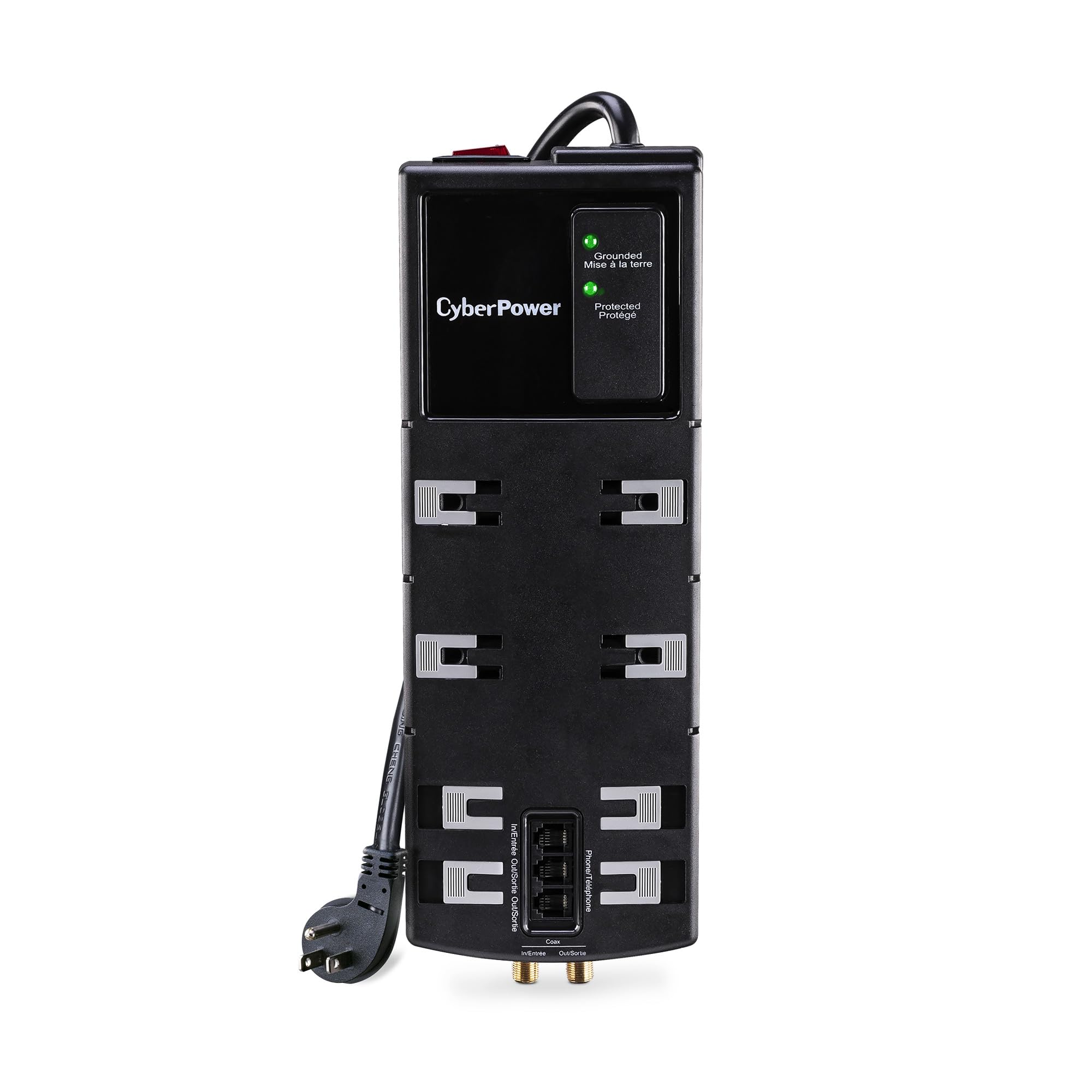 Coax, Phone Protection, 4350J/120V, 8 Outlets (4 Wide Spaced), 6ft Power Cord, Rt Angle Plug CyberPower HT812TC Home Theater Surge Protector w/Dust Covers