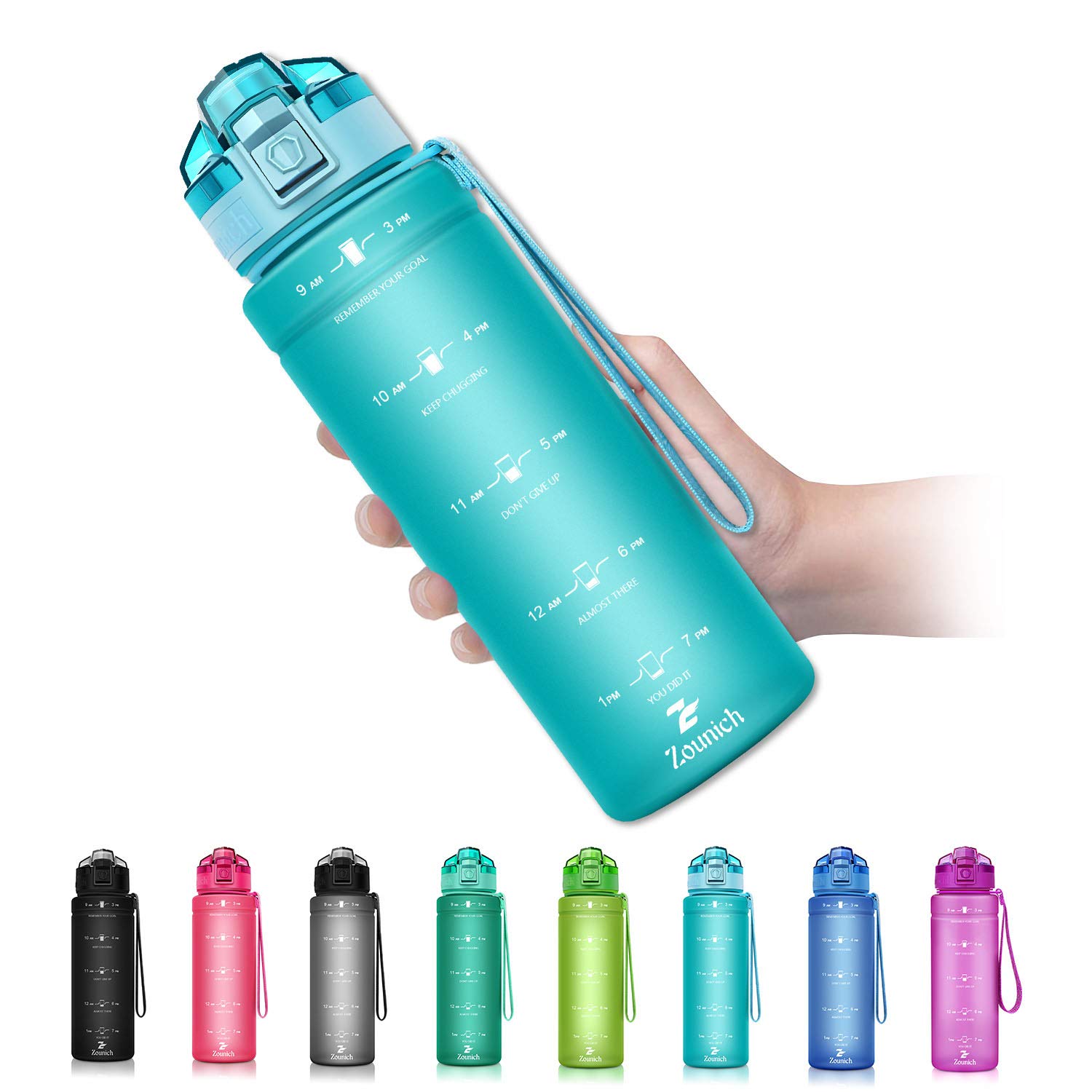 Zounich Sports Water Bottle Kids with Times to Drink Leakproof 1L / 700ml / 500ml 1Litre Drink Bottles BPA Free Motivational Adults, Gym, School, Running, Travel, Girls, Boys, Filter Reusable