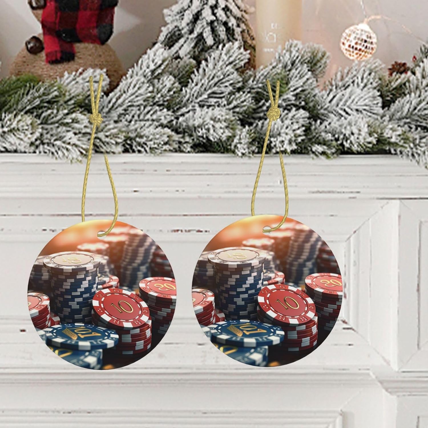 Christmas Ornaments Ceramic Round Christmas Hanging Ornament Double-Sided Casino Chips Print Christmas Tree Pendants for Fireplace Party Holiday Wedding Xmas Decoration Gift