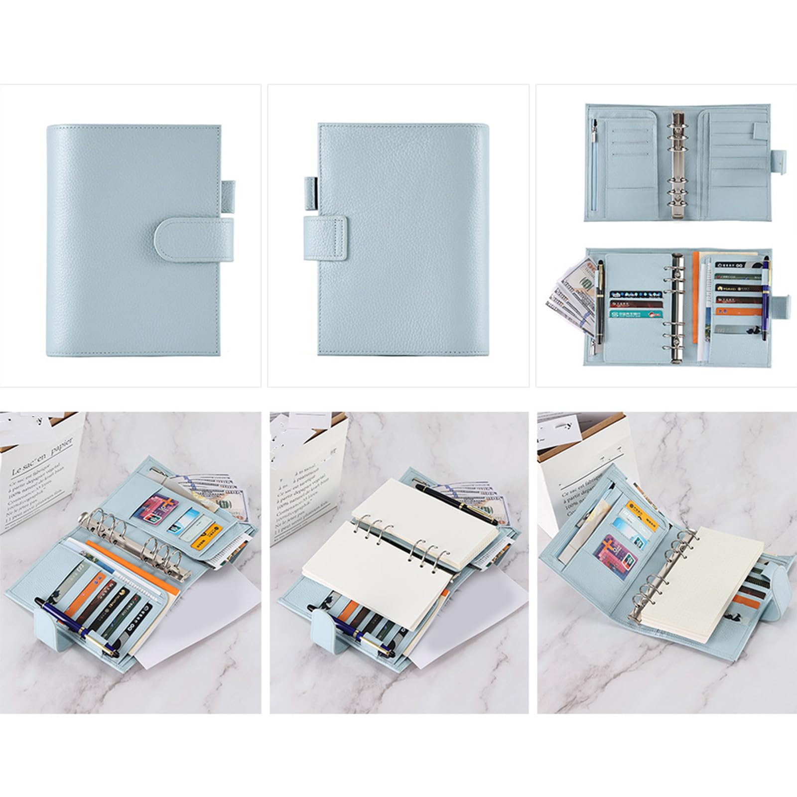 Taccuino ricaricabile in pelle PU con scomparto per penne, porta carte di credito, tasca per ricevute, borsa per contanti con cerniera, per donne e uomini