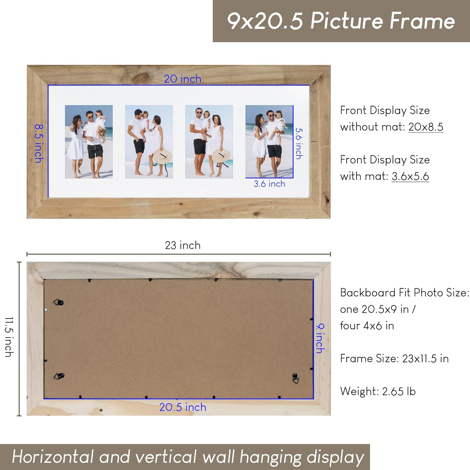 9x20.5 Rustic Picture Frame, Reclaimed Barnwood Frame with Plexiglass, Holds 4 4x6 Photos with mat, Distressed Wood Wall Frame for Farmhouse Country Home Office Cabin Décor - Image 3
