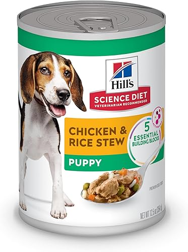 Hill's Science Diet Puppy, Puppy Premium Nutrition, comida húmeda para perros, estofado de pollo y arroz, lata de 12.5 onzas, caja de 12