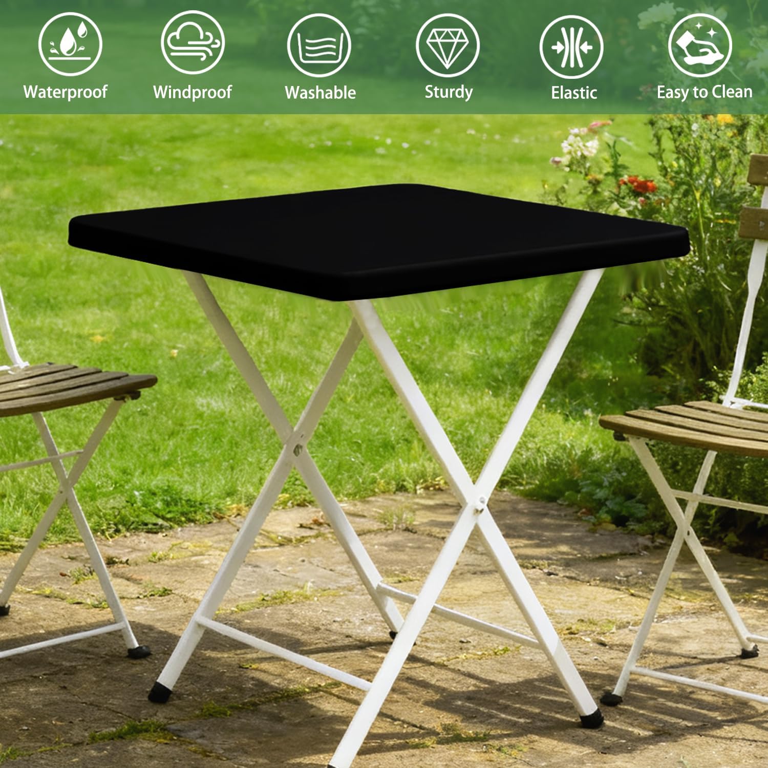 4 Pack Square Fitted Tablecloth for 36 x 36 Inches Card Tables Elastic Waterproof Stretch Washable Patio Folding Picnic Table Cover Outdoor Spandex Table Cloth for Camping Banquet and Parties (Black)