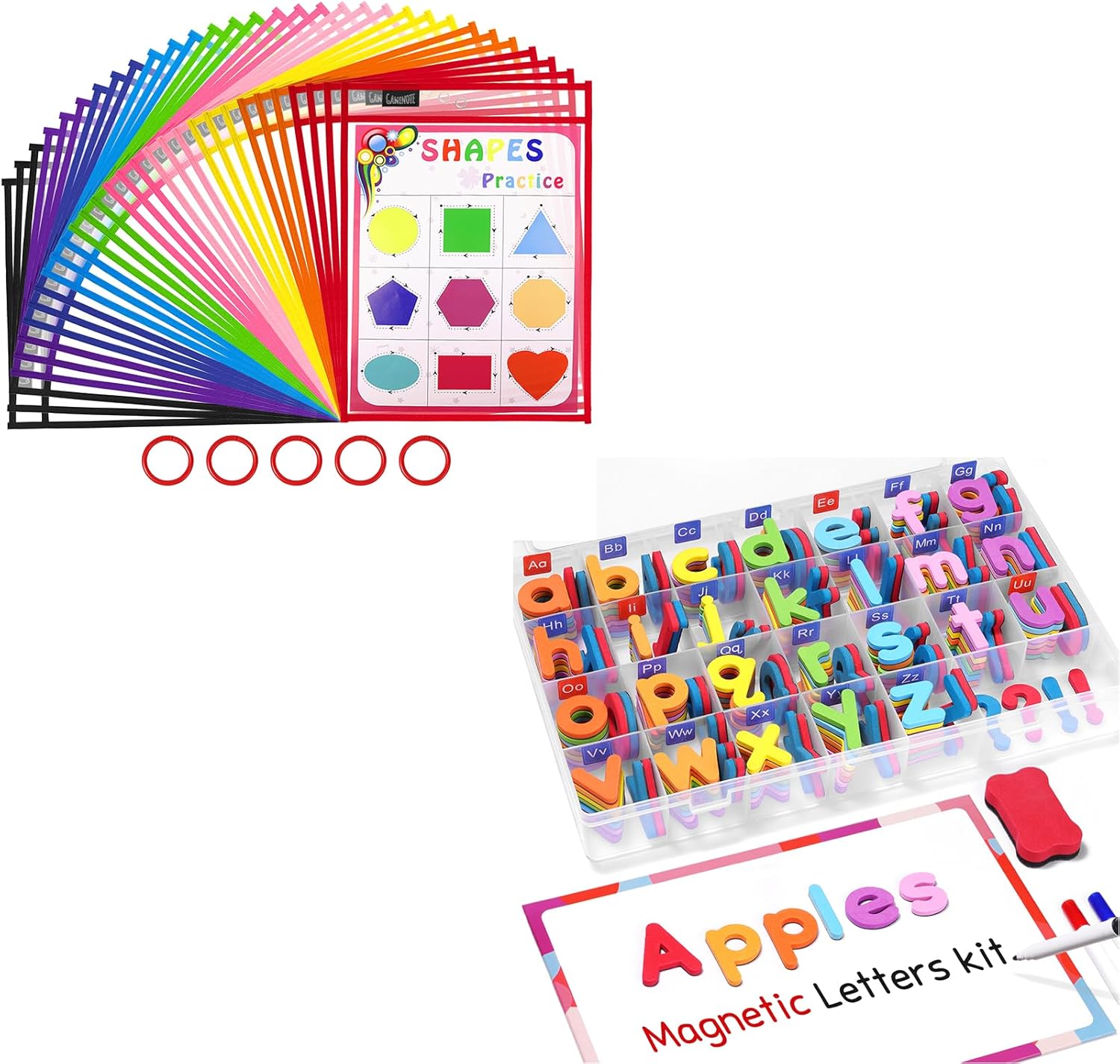 Gamenote Classroom Magnetic Alphabet Letters Kit 238 Pcs & Dry Erase Pockets 30 Pack with Rings