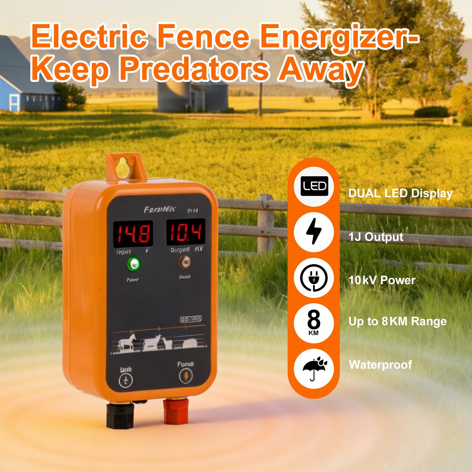 Energizador de Cerca Eléctrica 12V con pantalla LED digital, 1J 230V para alcance 8 KM, para animales pequeños, aves y mascotas, ideal para jardín, granja y pasto