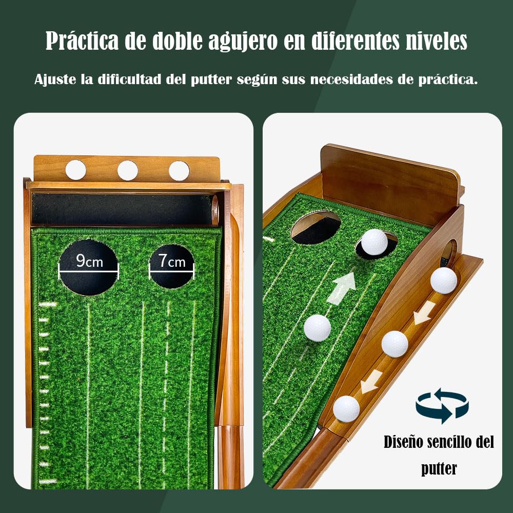 Alfombra de Golf para Putting con Retorno Automático de Bola, Entrenador de Madera Premium