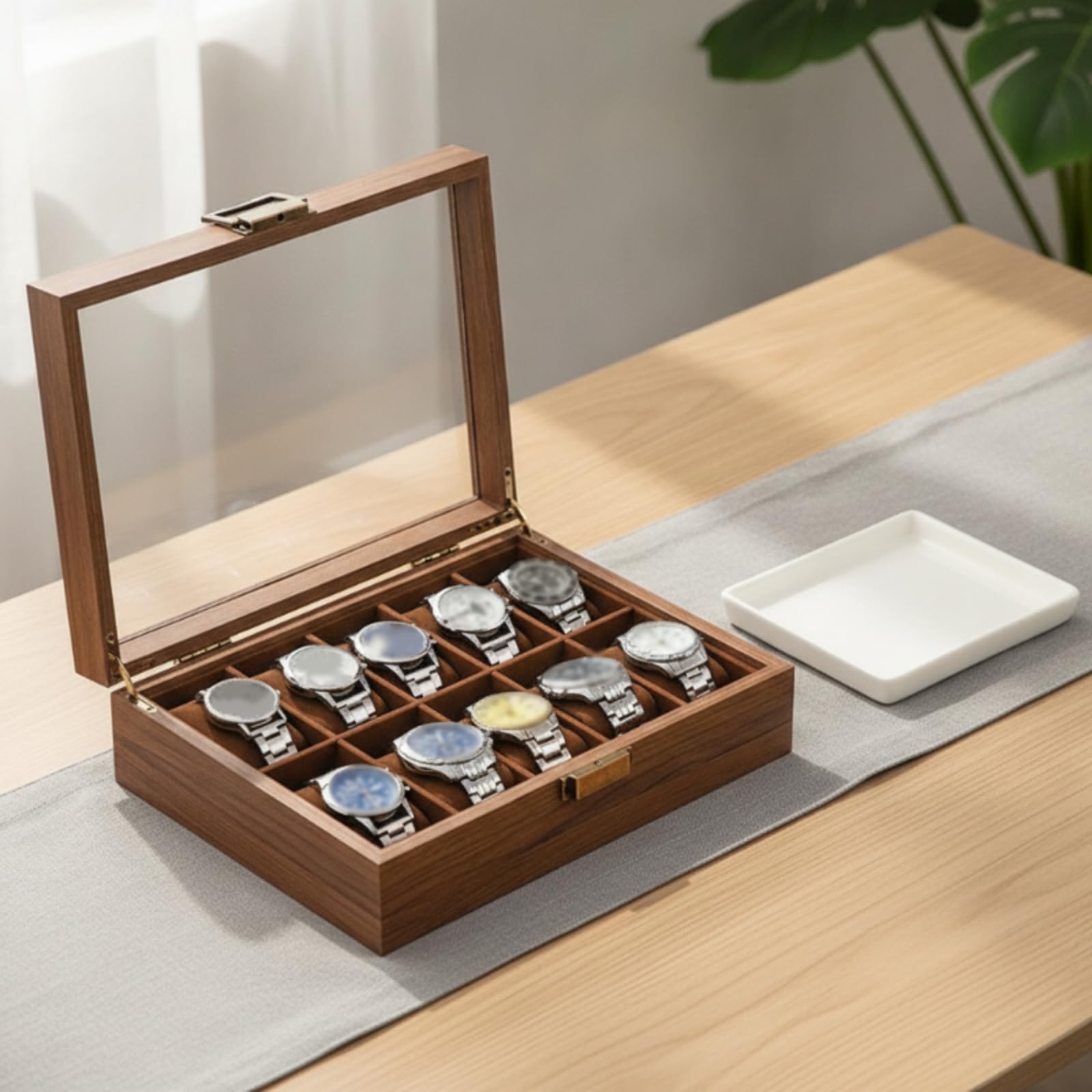 Scatola Porta Orologi Espositore Custodia Organizer Vetrina con Separati E Cuscini Morbidi Rimovibili Aspetto Caldo Protegge dalla Polvere Adatta per, 6 Orologi + 3 Occhiali