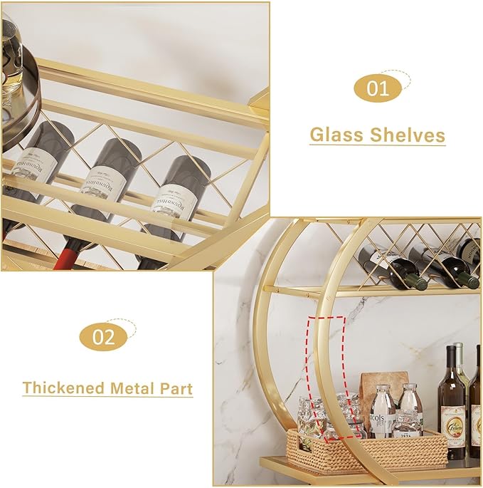 Carro Bar Gold con Ruedas y Estantes de Vidrio LVB miniatura 9