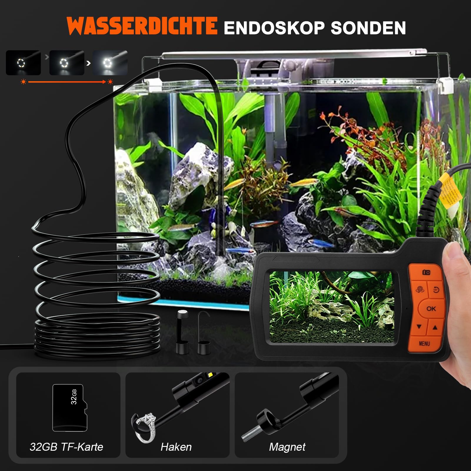 Endoscopio Industrial de Triple Lente con Cable de 15 m, 1080P HD Cámara de Inspección, 5" IPS Pantalla Endoscópica, Impermeable IP67 de 8mm Boroscopio para Auto, Fontanería, TF de 32 GB