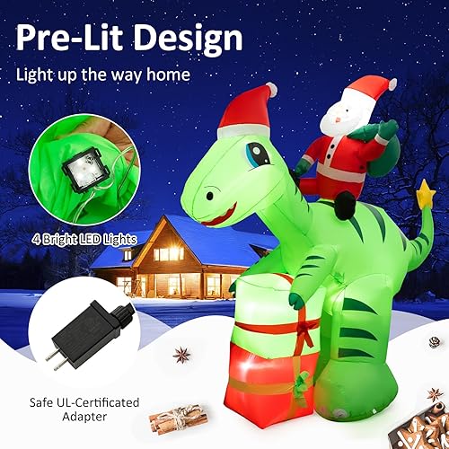 Vista 24 de Tangkula Dinosaurio inflable de Navidad de 6.8 pies, decoración inflable de Navidad con luces LED, caja de regalo y soplador impermeable, decoración