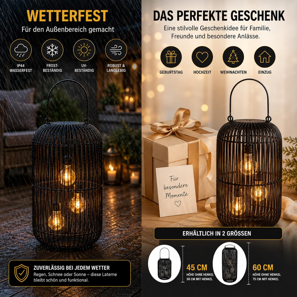 formano Solarlaterne Außen Rattan Look 45 cm mit 3 LED Birnen & Sensor