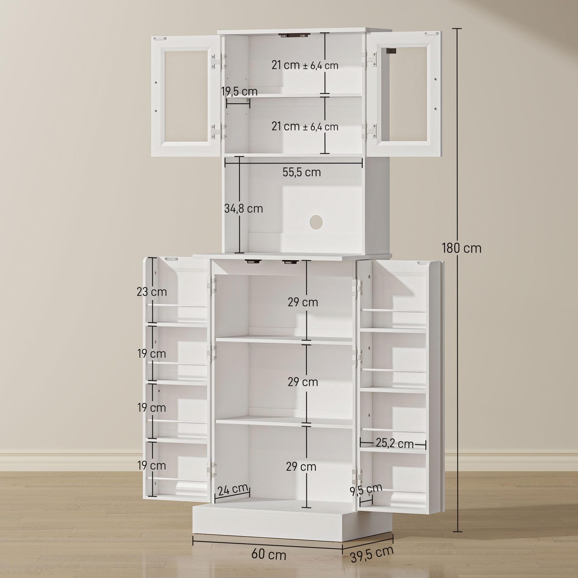 HOMCOM Küchenschrank mit 4 Türen Arbeitsplatte 60 x 39,5 x 180 cm Weiß