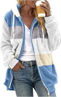 Briskorry Women's Fleece Jacket Fluffy Winter Jacket with Zip Colour Block Hoodie Oversize Teddy Jacket Warm Lined Winter Softshell Jacket with Hood and Pockets Plush Jacket