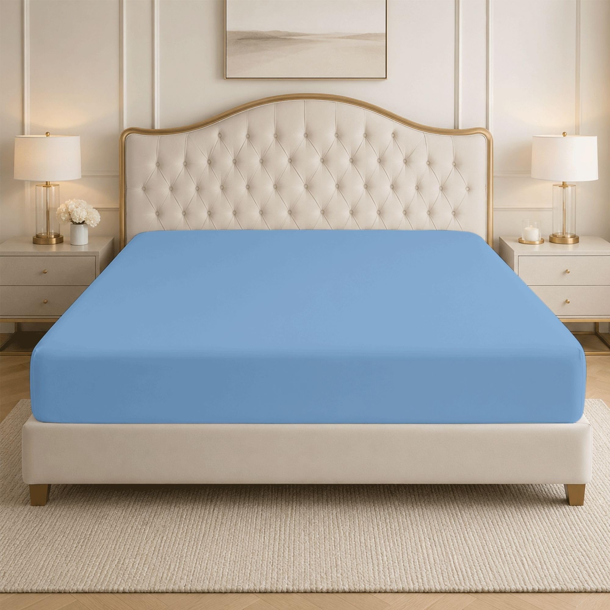 Bloombedding Sky-Blue 100% Egyptian Cotton Fitted Bed Sheets, 400 Thread Count Super King Bed Sheet, Extra Deep 35Cm Pocket, Breathable Cotton Fitted Bedding
