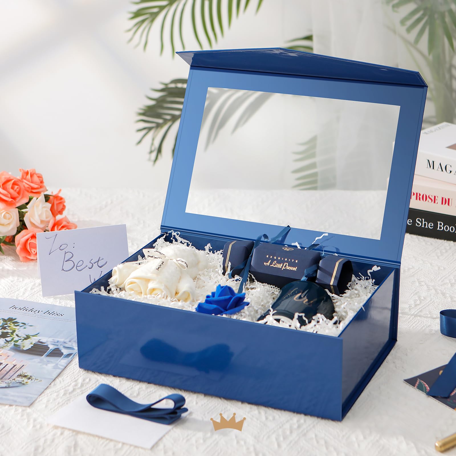 PACKQUEEN 5 große blaue Oster-Geschenkboxen mit Fenster, 34,9 x 22,9 x 10,4 cm, transparente Geschenkboxen für Geschenke enthalten Bänder, Karten, Trauzeugen-Antragsboxen, Boxen mit magnetischen
