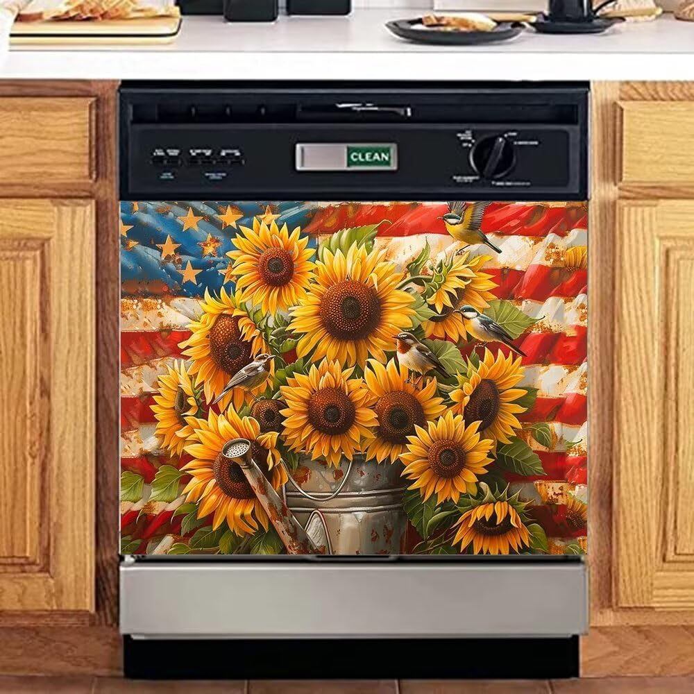 Patriotic Flag Floral Kitchen Fridge Magnet Cover Vintage Watering can Blooming Sunflower Magnet Dishwasher Door Cover Fridge Magnet Decal Plate Dishwasher Door Sticker 23" x 17" Magnetic