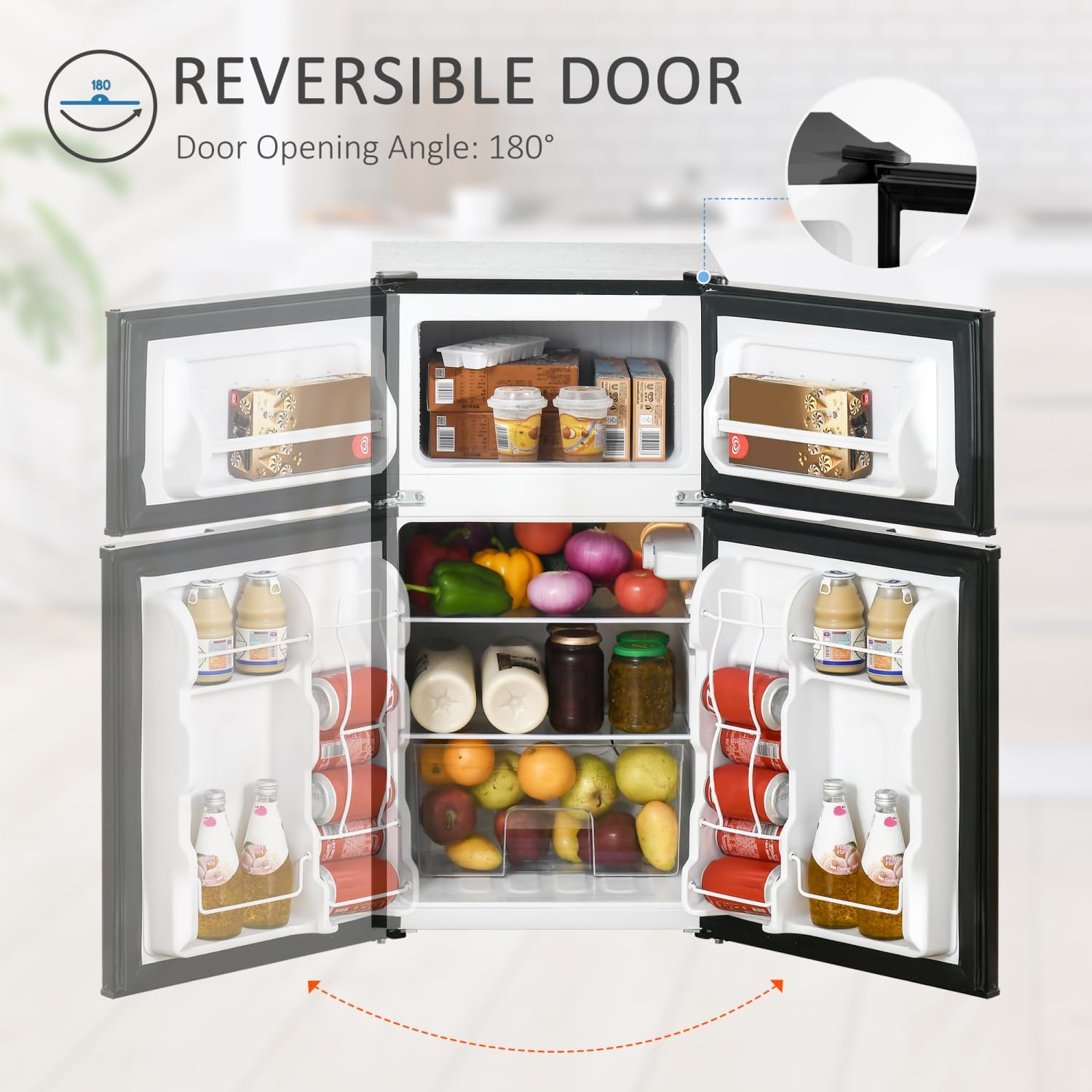 3.2 Cu.Ft Mini Fridge With Freezer, Double Door Compact Refrigerator With Adjustable Thermostat, Shelf And Reversible Door For Bedroom, Dorm, Home Office, Energy Efficient, Black Steel Black -