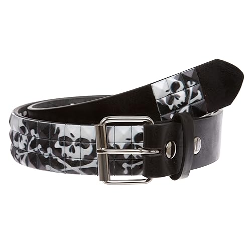 Snap On 1 1/2" Skull & Cross Bone Printed Punk Rock Studded Belt - XL - 41" - Black