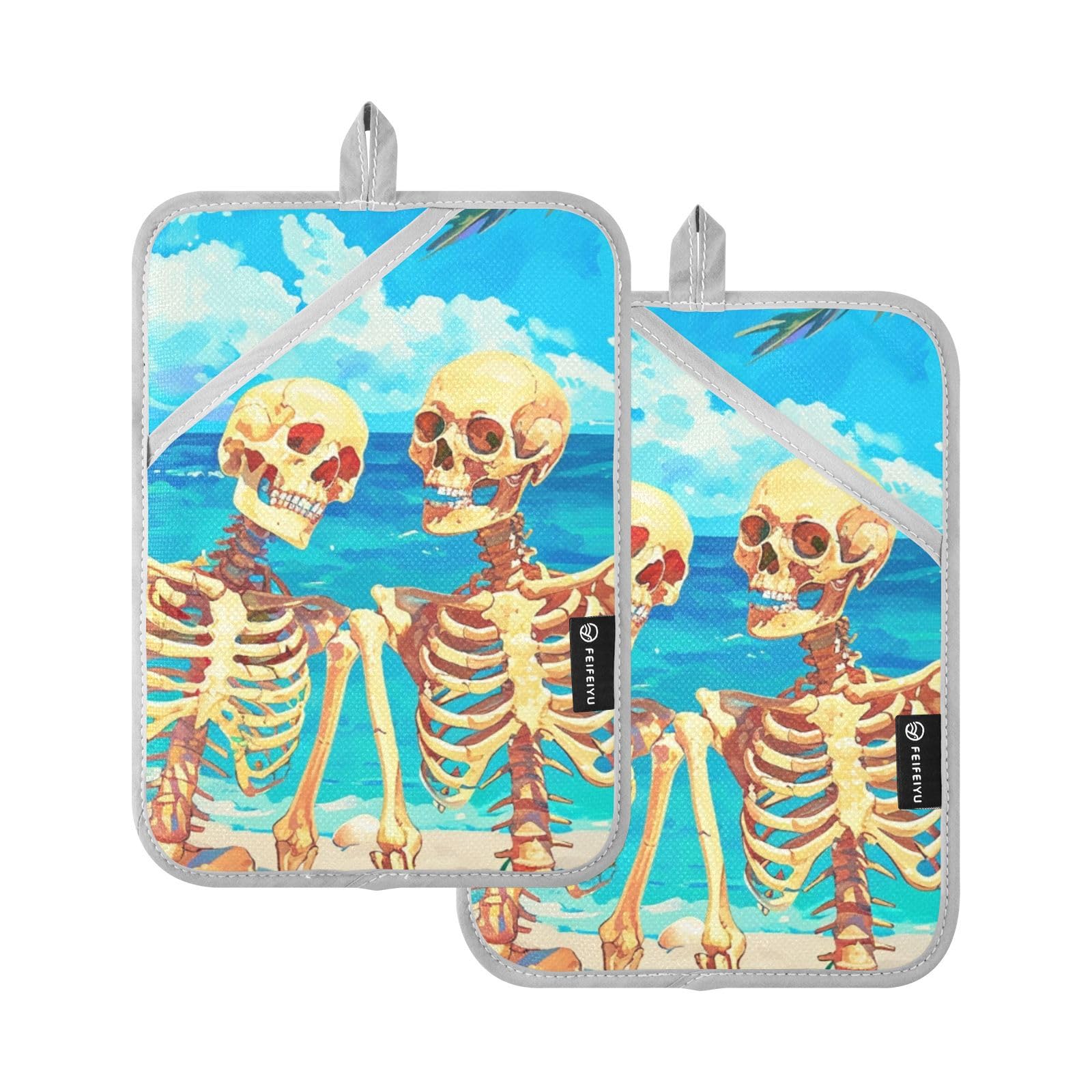 Human Skeletons Summer Tropica Pot Holders Set of 2 Heat Resistant Potholders with Hanging Loop Oven Hot Pads for Microwave Cooking Baking Grilling