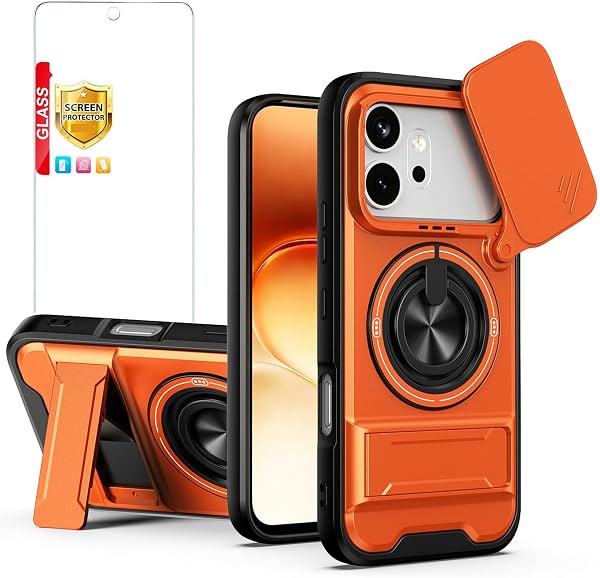 Funda compatible con Honor 600 / Honor 600 Pro [incluye 1 protector de pantalla][Cubierta de cámara deslizable 2 en 1, diseño de soporte magnético][Funda a prueba de golpes] Naranja