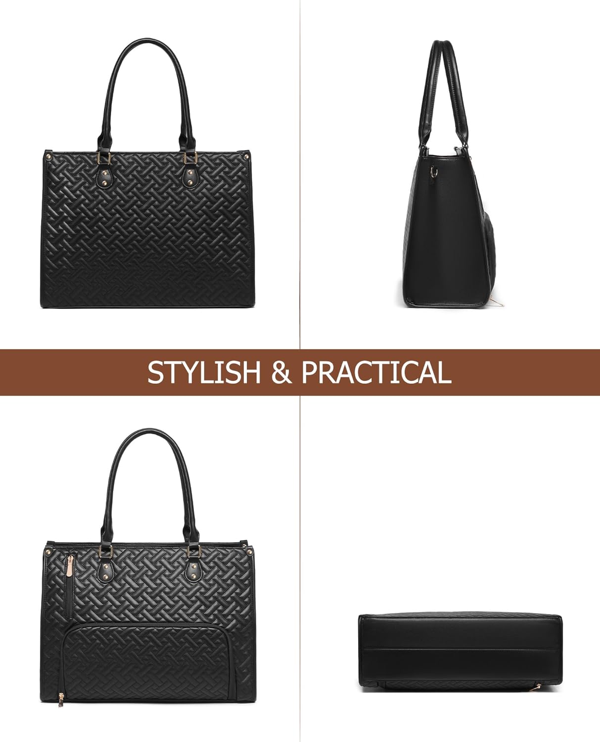 BAVERGE Lunch Tote Bag for Women, Vegan Leather 15.6” Laptop Bag with Insulated Compartment Quilted Purse for Work Teacher - Image 8